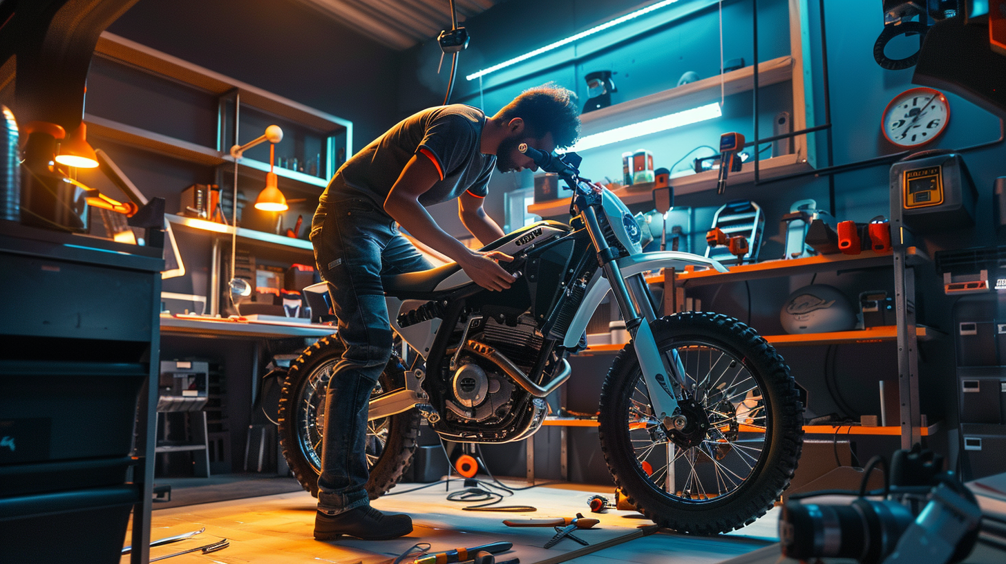 Mécanicien ajustant une moto tout-terrain dans un atelier