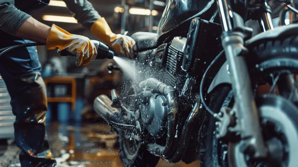 Un technicien nettoyant la moto, illustrant l’importance de l’entretien chaîne pour prolonger la durée de vie et les performances du kit chaîne