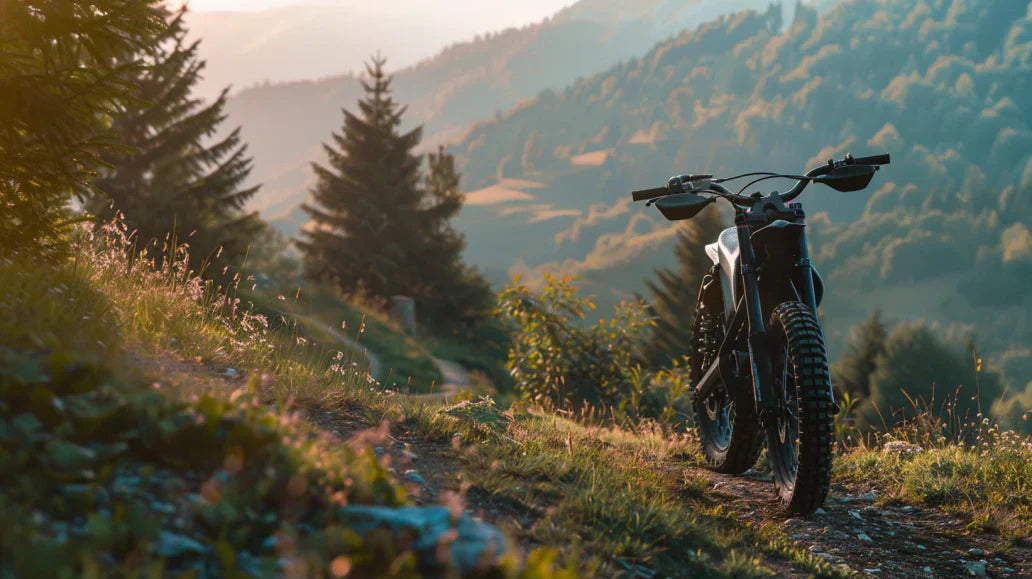 Une Sur Ron Light Bee, modèle emblématique de Moto Cross Électrique, posée dans un décor montagneux soulignant sa maniabilité et son autonomie